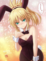 Rule 34 | 1girl, animal ears, blonde hair, bow, bowtie, breasts, cleavage, cowboy shot, detached collar, fake animal ears, fang, fate/apocrypha, fate/grand order, fate (series), green eyes, haura akitoshi, long hair, looking at viewer, mordred (fate), mordred (fate/apocrypha), pantyhose, playboy bunny, ponytail, rabbit ears, rabbit tail, solo, spoken squiggle, squiggle, tail, wrist cuffs