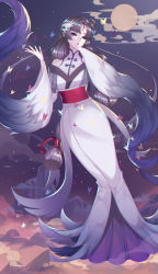 Rule 34 | 1girl, absurdres, brown hair, bug, butterfly, dress, floating, hair ornament, half-closed eyes, highres, identity v, insect, japanese clothes, kimono, long hair, michiko (identity v), moon, obi, red lips, sash, solo, tamaaaaaaa, white dress