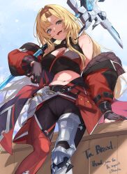 1girl absurdres black_hairband blonde_hair blue_eyes breasts cleavage cleavage_cutout clothing_cutout crop_top gloves granblue_fantasy hairband highres holding holding_polearm holding_weapon jacket long_hair looking_at_viewer navel nos_(nos_tsn) open_mouth oversized_jacket polearm red_gloves red_jacket second-party_source smile solo spear two-tone_gloves two-tone_hairband weapon zeta_(granblue_fantasy) zeta_(grand)_(granblue_fantasy)