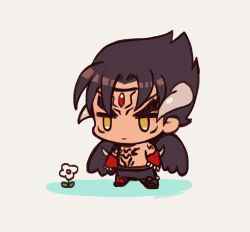 Rule 34 | 1boy, black pants, black wings, chest tattoo, chibi, closed mouth, devil jin, expressionless, facial mark, flower, forehead jewel, gloves, grey horns, highres, horns, jitome, kazama jin, kotorai, looking ahead, male focus, no nose, pants, red gloves, short hair, shoulder tattoo, tattoo, tekken, thick eyebrows, v-shaped eyebrows, white flower, wings, yellow eyes