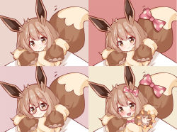 Rule 34 | 1girl, :3, :d, animal ears, blush, bow, brown background, brown eyes, brown hair, closed mouth, commentary request, creatures (company), eevee, fur, game freak, gen 1 pokemon, glasses, hair between eyes, hair bow, head tilt, highres, long sleeves, looking at viewer, nintendo, open mouth, personification, pokemon, pokemon lgpe, polka dot, polka dot bow, puffy long sleeves, puffy sleeves, red-framed eyewear, scarlet dango, semi-rimless eyewear, smile, solo, tail, tail bow, tail ornament, tail raised, under-rim eyewear