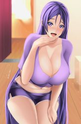 Rule 34 | 1girl, bad id, bad pixiv id, blush, breasts, cleavage, collarbone, contemporary, fate/grand order, fate (series), highres, large breasts, leaning forward, long hair, looking at viewer, midriff, minamoto no raikou (fate), navel, open mouth, parted bangs, purple eyes, purple hair, purple shirt, purple shorts, shirt, short shorts, shorts, smile, solo, soy&#039;elve, thighs, v-neck, very long hair