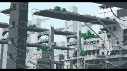 Rule 34 | animated, animated gif, bridge, day, letterboxed, no humans, original, outdoors, overgrown, pixel art, railing, scenery, setamo map, stairs