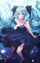 Rule 34 | 1girl, absurdres, aqua eyes, aqua hair, black bow, black dress, blue theme, blush, bow, breasts, bubble, collarbone, commentary, dress, hair between eyes, hair bow, hasu (selisa), hatsune miku, highres, long hair, looking at viewer, parted lips, shinkai shoujo (vocaloid), solo, twintails, underwater, vocaloid