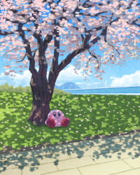 Rule 34 | blue eyes, blue sky, blush stickers, bush, cherry blossoms, closed mouth, cloud, dappled sunlight, day, falling petals, highres, kirby, kirby (series), miclot, mountainous horizon, nintendo, no humans, outdoors, path, petals, pink footwear, road, scenery, shadow, shoes, sitting, sky, sunlight, tree