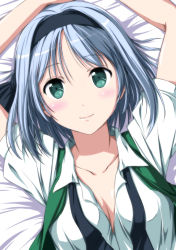 Rule 34 | 1girl, arms up, bed sheet, blush, breasts, cleavage, female focus, green eyes, hair ribbon, hairband, konpaku youmu, looking at viewer, lying, neck ribbon, nori tamago, on back, open clothes, open vest, ribbon, short hair, silver hair, smile, solo, touhou, undone, undone neck ribbon, upper body, vest