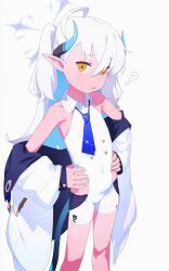 Rule 34 | 1girl, ?, absurdres, ahoge, blue archive, blue hair, coat, flat chest, grey background, halo, hands on own hips, highres, hip vent, horns, jiryu50610218, long hair, long sleeves, looking at viewer, multicolored hair, off shoulder, open clothes, open coat, orange eyes, parted lips, pointy ears, simple background, solo, sumomo (blue archive), two-tone hair, two side up, unitard, very long hair, white hair, white unitard