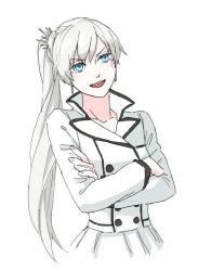 Rule 34 | 1girl, alternate costume, blue eyes, commentary request, earrings, jewelry, ponytail, rwby, scar, scar across eye, scar on face, solo, weiss schnee, white hair