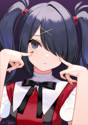 Rule 34 | 1girl, ame-chan (needy girl overdose), black eyes, black hair, black nails, finger to cheek, hair ornament, hair over one eye, hairclip, highres, looking at viewer, nail polish, needy girl overdose, parted lips, ribbon, shigure ui, short twintails, signature, simple background, solo, twintails, upper body