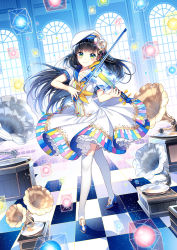 Rule 34 | 1girl, aqua eyes, beret, black hair, blue footwear, bow (music), checkered floor, circle skirt, dress, full body, hat, highres, instrument, long hair, looking at viewer, music, nardack, neckerchief, original, phonograph, piano print, playing instrument, print dress, sailor dress, shoes, smile, solo, standing, thighhighs, tile floor, tiles, very long hair, violin, white thighhighs