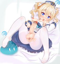 Rule 34 | 1futa, absurdres, artist request, barbara (genshin impact), blonde hair, blue eyes, blush, breasts, breasts out, censored, cum, erection, feet, full-package futanari, futanari, genshin impact, highres, long hair, lying, nipples, pantyhose, penis, pillow, pussy, solo, testicles, toes, torn clothes, torn pantyhose, veins, veiny penis