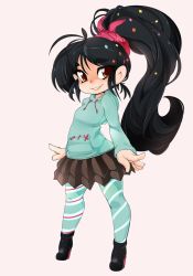 Rule 34 | 1girl, antenna hair, bad id, bad tumblr id, black hair, boots, brown eyes, candy, commentary, female focus, food, green pantyhose, hair ornament, high heel boots, high heels, highres, hood, hoodie, leggings, long hair, pantyhose, ponytail, scrunchie, skirt, slugbox, smile, solo, striped clothes, striped pantyhose, tiptoes, vanellope von schweetz, wreck-it ralph