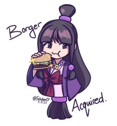 Rule 34 | 1girl, ace attorney, black hair, brown eyes, burger, commentary, eating, english commentary, english text, fehden, food, highres, holding, holding food, jewelry, long hair, magatama, magatama necklace, maya fey, necklace, ponytail, simple background, solo, sparkle, white background