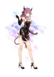 Rule 34 | 1girl, absurdres, animal ears, arknights, bare legs, bare shoulders, black dress, black footwear, black gloves, breasts, brown eyes, character name, chinese commentary, cleavage cutout, clothing cutout, commentary request, dress, elbow gloves, full body, gloves, hair between eyes, hand up, high heels, highres, horns, long hair, looking at viewer, medium breasts, purple hair, short dress, sideroca (arknights), solo, standing, tail, thighs, white background, yichenzijihuweijian