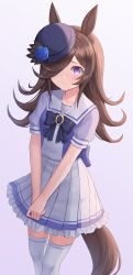 Rule 34 | absurdres, animal ears, bad id, bad twitter id, blush, bow, brown hair, feet out of frame, hat, highres, long hair, looking at viewer, nervous, own hands together, pleated skirt, puffy sleeves, purple background, purple bow, purple eyes, purple sailor collar, purple shirt, rice shower (umamusume), sailor collar, school uniform, seungju lee, shirt, simple background, skirt, standing, tail, thighhighs, umamusume, white skirt, white thighhighs