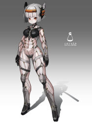 Rule 34 | 1girl, absurdres, arms at sides, artist name, breasts, commentary request, cyborg, full body, gradient background, grey background, grey hair, headgear, highres, looking at viewer, medium breasts, orange eyes, original, science fiction, shadow, short hair, solo, soruto 0w98e, standing, two-tone background, variant set, white background