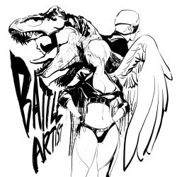 Rule 34 | 1girl, 2boys, angel (kof), breasts, dinosaur costume, english text, eyepatch, greyscale, highres, king of dinosaurs, large breasts, midriff, monochrome, monochrome, multiple boys, navel, one eye covered, ramon (kof), short hair, single wing, the king of fighters, wenwen, white hair, wings