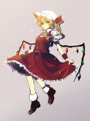 Rule 34 | 1girl, ascot, asymmetrical wings, blonde hair, bow, dress, flandre scarlet, full body, hair between eyes, hair bow, hair ribbon, hat, highres, looking at viewer, mary janes, mob cap, puffy short sleeves, puffy sleeves, red dress, red eyes, ribbon, shirt, shoes, short sleeves, side ponytail, skirt, skirt hold, smile, solo, touhou, white shirt, wings, zoutsuki