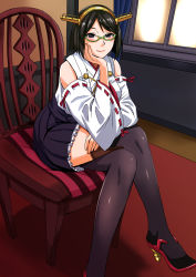 Rule 34 | 10s, 1girl, bare shoulders, black hair, blush, chair, detached sleeves, glasses, green-framed eyewear, hairband, head rest, headgear, japanese clothes, kantai collection, kirishima (kancolle), kokuriu, crossed legs, looking at viewer, md5 mismatch, no legwear, nontraditional miko, short hair, sitting, skirt, smile, solo