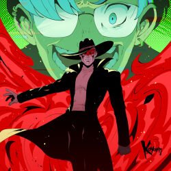Rule 34 | 2boys, alabaster, alabaster (character), artist name, blue eyes, blue hair, coat, commentary, cover image, earrings, english commentary, glasses, hat, high collar, jewelry, kickstarter, koyorin, long coat, looking at viewer, male focus, mask, multiple boys, official art, open clothes, open coat, open mouth, red eyes, short hair