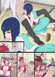 Rule 34 | 2girls, abs, angry, armpits, arms up, blue hair, blush, bra, breasts, brown eyes, cellphone, censored, closed eyes, expressionless, fellatio, groin, highres, indoors, legs, long hair, mosaic censoring, multiple girls, multiple views, muramura hito, open mouth, oral, panties, penis, phone, picture frame, precure, pubic hair, purple eyes, red hair, restrained, rope, school uniform, sequential, shiratori yuriko, short hair, sitting, skirt, sleeping, small breasts, takizawa asuka, tatami, thighs, tropical-rouge! precure, underwear, v-shaped eyebrows