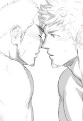 Rule 34 | 2boys, animal ears, bad id, bad twitter id, bara, blush, close-up, closed eyes, couple, facial hair, forked eyebrows, goatee, greyscale, imminent kiss, looking at another, lumentunes, male focus, monochrome, multiple boys, muscular, noses touching, pectorals, sideburns, simple background, sketch, tamamura gunzo, thick eyebrows, tokyo houkago summoners, upper body, wakan tanka, white background, yaoi