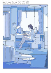 Rule 34 | 1girl, air conditioner, bare legs, blue theme, book, border, brown hair, ceiling light, chair, coffee table, commentary, cup, curtains, desk, desk lamp, edoya inuhachi, highres, holding, holding pencil, indoors, lamp, limited palette, long hair, mug, office chair, original, pencil, plant, potted plant, shirt, short sleeves, sitting, slippers, solo, swivel chair, table, white border, white shirt, wind chime, window, writing