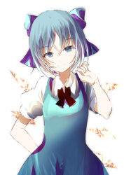 Rule 34 | 1girl, bad id, bad pixiv id, black neckwear, blue bow, blue dress, blue eyes, blue hair, bow, cirno, closed mouth, collared shirt, dress, hair between eyes, hair bow, highres, looking at viewer, natsume suzuri, pinafore dress, shirt, short hair, short sleeves, simple background, sleeveless, sleeveless dress, smile, solo, standing, touhou, white background, white shirt, wing collar