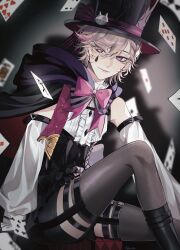 Rule 34 | 1boy, ace (playing card), ace of hearts, black cape, black corset, black footwear, black hat, black shorts, black thighhighs, blonde hair, boots, braid, cape, card, closed mouth, corset, eight of hearts, five of clubs, five of spades, four of spades, genshin impact, hat, heart, highres, joker (playing card), looking at viewer, lyney (genshin impact), male focus, playing card, purple eyes, queen (playing card), queen of clubs, ritsu 0409, seven of diamonds, shirt, shorts, smile, solo, teardrop facial mark, thighhighs, three of spades, top hat, white shirt