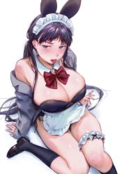 Rule 34 | 1girl, animal ears, apron, apron lift, black footwear, black leotard, black socks, blush, bow, breasts, bridal garter, brown eyes, cleavage, clothes lift, commentary request, detached collar, fake animal ears, fingernails, highres, kamiyama aya, kneehighs, large breasts, leotard, lifting own clothes, long hair, maid, maid headdress, mole, mole under eye, off shoulder, original, playboy bunny, purple hair, rabbit ears, red bow, red neckwear, scarf, shiny skin, simple background, sitting, socks, solo, sweat, thigh scrunchie, tongue, tongue out, white apron, white background, white scarf