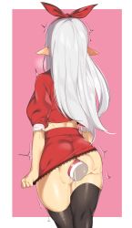 Rule 34 | 1girl, anal, anal object insertion, ass, black thighhighs, elf, hairband, highres, large insertion, long hair, miniskirt, no panties, object insertion, original, pointy ears, puffy sleeves, red skirt, sex toy, silver hair, skirt, skirt tug, solo, thighhighs, urec, vibrator, vibrator in anus