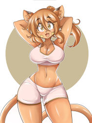 Rule 34 | 1girl, :3, absurdres, animal ears, arms up, ass, blue sky, breasts, cat ears, cat girl, cat tail, cleavage, curvy, fang, furry, furry female, goya (lucyfer), highres, large breasts, long hair, looking at viewer, lucyfer, navel, original, ponytail, shiny clothes, short shorts, shorts, simple background, sky, smile, sports bra, sportswear, tail, v, wide hips