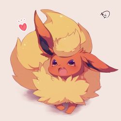 Rule 34 | :3, :d, blush, commentary request, fang, flareon, full body, gen 1 pokemon, heart, muuran, no humans, open mouth, pokemon, pokemon (creature), red eyes, signature, smile, solo