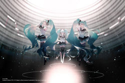Rule 34 | 3girls, aqua eyes, aqua hair, aqua nails, aqua neckwear, bare shoulders, binary, black legwear, black skirt, blouse, boots, commentary, crypton future media, detached sleeves, closed eyes, facing to the side, facing viewer, fingers together, floating, from side, full body, glowing, hair ornament, hatsune miku, hatsune miku (nt), headphones, high heels, light particles, long hair, miniskirt, multiple girls, multiple persona, nail polish, neck ribbon, official art, own hands together, piapro, pleated skirt, rella, ribbon, see-through, see-through legwear, see-through sleeves, shirt, shoulder tattoo, skirt, sleeveless, sleeveless shirt, tattoo, thigh boots, thighhighs, twintails, very long hair, vocaloid, white shirt, white sleeves, wide shot, zettai ryouiki