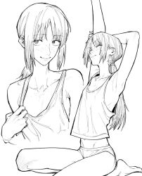 1girl armpits arms_up barefoot body_freckles borrowed_character closed_eyes collarbone flat_chest freckles fushoku hand_on_own_arm looking_at_viewer low_ponytail monochrome original panties parted_bangs ponytail sitting smile solo stretching tank_top underwear