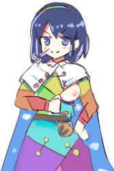 Rule 34 | 1girl, bad id, bad pixiv id, blue eyes, blue hair, cape, commentary, english commentary, hairband, highres, multicolored clothes, multicolored hairband, nipples, one breast out, patchwork clothes, rainbow gradient, short hair, sidelocks, simple background, sky print, solo, taiga (taiga1125), tenkyuu chimata, touhou, v-shaped eyebrows, white background, zipper