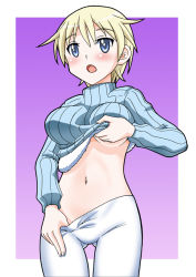 Rule 34 | 10s, 1girl, blue eyes, brave witches, breasts, clothes lift, clothes pull, doku donguri, large breasts, midriff, navel, nikka edvardine katajainen, open mouth, pantyhose, pantyhose pull, ribbed sweater, shirt lift, short hair, solo, strike witches, sweater, world witches series