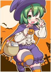 Rule 34 | 1girl, antennae, baby bottle, bat (animal), blouse, blush, border, bottle, cape, cloak, collared shirt, commentary request, cowboy shot, cross, diaper, emina, frilled shirt, frills, green eyes, green hair, hair between eyes, halloween, halloween bucket, hat, highres, jack-o&#039;-lantern, leg up, long sleeves, looking at viewer, moon, one eye closed, open mouth, orange background, orange cape, orange sky, pumpkin, pumpkin pants, purple cape, purple footwear, purple hat, purple shorts, shirt, shoes, short hair, shorts, sky, solo, striped clothes, striped thighhighs, teeth, thighhighs, tombstone, touhou, two-sided cape, two-sided fabric, upper teeth only, v, white shirt, witch hat, wriggle nightbug