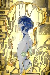 Rule 34 | 1other, amputee, androgynous, completely nude, crack, dripping, from side, grey eyes, highres, houseki no kuni, injury, looking at viewer, nude, other focus, parted lips, phosphophyllite, phosphophyllite (ll), profile, short hair, sideways glance, solo, spoilers, sunfish263, yellow background