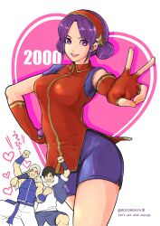 Rule 34 | asamiya athena, blue shorts, breasts, china dress, chinese clothes, double bun, dress, fingerless gloves, gloves, hair bun, heart, heart background, highres, jhun hoon, looking at viewer, medium breasts, purple eyes, purple hair, rocohisaya, shorts, sie kensou, smile, snk, the king of fighters, v