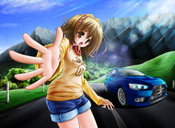 Rule 34 | 1girl, :d, absurdres, animal print, bad id, bad pixiv id, blush, breasts, brown eyes, brown hair, car, cat print, cowboy shot, day, denim, denim shorts, foreshortening, forest, from side, grass, hair ornament, hair ribbon, head tilt, highres, lancer evolution, leaning forward, lens flare, light rays, long sleeves, looking at viewer, mitsubishi, mitsubishi lancer evolution, mitsubishi motors, motor vehicle, mountain, nature, open mouth, orange eyes, original, outstretched arm, perspective, pi-bow, raglan sleeves, reaching, ribbon, road, shadow, shirt, short hair, short shorts, shorts, sky, sleeves past wrists, small breasts, smile, solo, standing, sunbeam, sunlight, tree, tress ribbon, vehicle, wide hips, wing collar