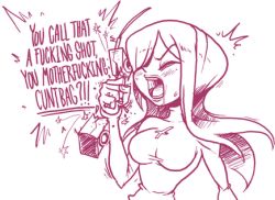Rule 34 | blush, breasts, cross, cross necklace, drooling, english text, closed eyes, jewelry, large breasts, lineart, long hair, lowres, necklace, parasoul (skullgirls), shouting, skullgirls, speech bubble, sweatdrop, sweater, turtleneck, turtleneck sweater, upper body, walkie-talkie, white background, zone (artist)