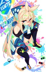 Rule 34 | 1girl, bandana, black footwear, black sweater, black thighhighs, blonde hair, blue eyes, blue jacket, borrowed character, closed mouth, commentary request, dev (dev0614), english text, full body, hair between eyes, hand up, highres, jacket, knee up, long hair, long sleeves, looking at viewer, off-shoulder sweater, off shoulder, open clothes, open jacket, original, paint splatter, ribbed sweater, road sign, shoes, short eyebrows, sign, sitting, sleeves past wrists, solo, spray can, sweater, thick eyebrows, thighhighs, very long hair, white background