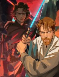 Rule 34 | 2boys, anakin skywalker, animification, beard, black robe, blue lightsaber, brown hair, commentary, ctstudio (executional), debris, energy sword, english commentary, facial hair, frown, grey eyes, holding, holding lightsaber, holding sword, holding weapon, jedi, jedi master, lightsaber, long sleeves, looking at viewer, male focus, multiple boys, mustache, obi-wan kenobi, outdoors, red eyes, red lightsaber, red sky, robe, serious, short hair, sith, sky, split screen, standing, star wars, star wars: revenge of the sith, sword, weapon, white robe