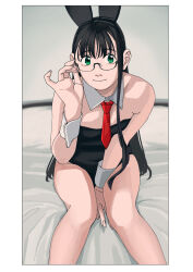 Rule 34 | 1girl, adjusting eyewear, alternate costume, animal ears, aqua eyes, bare legs, bare shoulders, bed, black hair, black leotard, breasts, commentary request, detached collar, fake animal ears, feet out of frame, glasses, highres, kantai collection, leotard, looking at viewer, necktie, ojipon, ooyodo (kancolle), playboy bunny, red necktie, semi-rimless eyewear, shoulder strap, sitting, small breasts, solo, strap, strapless, strapless leotard, wrist cuffs