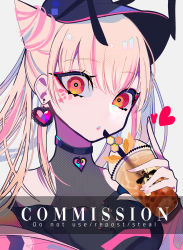 Rule 34 | 1girl, blonde hair, bubble tea, clark niel, commission, cone hair bun, earrings, facial mark, fingernails, hair bun, hat, highres, jewelry, looking at viewer, mochizuki kei (style), multicolored hair, nail polish, open mouth, original, pink hair, pink nails, red eyes, solo, upper body