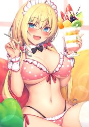Rule 34 | 1girl, absurdres, bikini, blonde hair, blue eyes, breasts, cleavage, female focus, food, fruit, hanpenmaru, highres, kiwi (fruit), kiwi slice, large breasts, long hair, looking at viewer, low twintails, maid, maid bikini, nail polish, original, parfait, smile, solo, spoon, strawberry, swimsuit, thighhighs, twintails, unconventional maid, white thighhighs