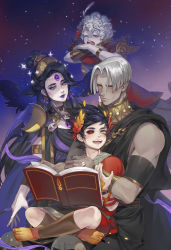 Rule 34 | 1girl, 3boys, :d, aged down, barefoot, black hair, black nails, book, brothers, child, colored skin, crossed ankles, curly hair, earrings, feathers, forehead jewel, green eyes, grey skin, hades (series), hades 1, hair up, heterochromia, highres, hypnos (hades), jewelry, lipstick, makeup, mother and son, multiple boys, nail polish, nyx (hades), open mouth, pale skin, purple lips, red eyes, siblings, sitting, skull, sleepy, smile, thanatos (hades), white hair, winter (winter168883), yawning, yellow eyes, zagreus