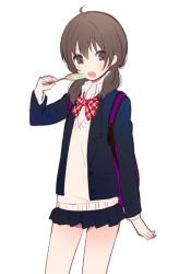 Rule 34 | 1girl, ahoge, backpack, bag, blue skirt, bow, bowtie, brown eyes, brown hair, buttons, candy, collared shirt, cowboy shot, food, hair ornament, hair over shoulder, hand up, holding, holding food, ica, lollipop, long sleeves, looking at viewer, miniskirt, open mouth, original, plaid, plaid bow, plaid bowtie, plaid neckwear, pleated skirt, red bow, red bowtie, school uniform, shirt, simple background, skirt, solo, standing, sweater, twintails, white background, white shirt