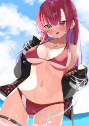 Rule 34 | 1girl, :d, absurdres, bare shoulders, bikini, bikini under clothes, black jacket, blue sky, blush, breasts, cleavage, contrapposto, dot nose, earrings, eyepatch, halterneck, heart, heart earrings, heart necklace, heterochromia, highres, hiiragi kirara, hololive, houshou marine, houshou marine (summer), jacket, jewelry, large breasts, long hair, looking at viewer, navel, necklace, o-ring, o-ring legwear, o-ring thigh strap, off shoulder, open clothes, open jacket, open mouth, red bikini, red eyes, red hair, removing jacket, sky, sleeves past fingers, sleeves past wrists, smile, solo, stomach, straight hair, string bikini, swimsuit, thigh strap, virtual youtuber, wading, wet, yellow eyes
